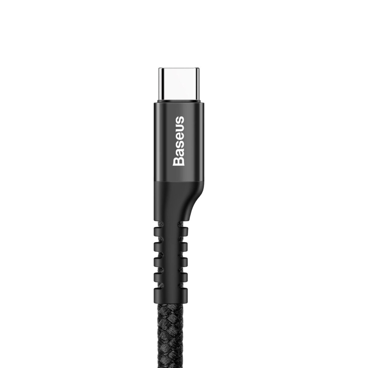 Un cavo USB-C nero con un connettore Baseus. Il cavo è intrecciato nero.