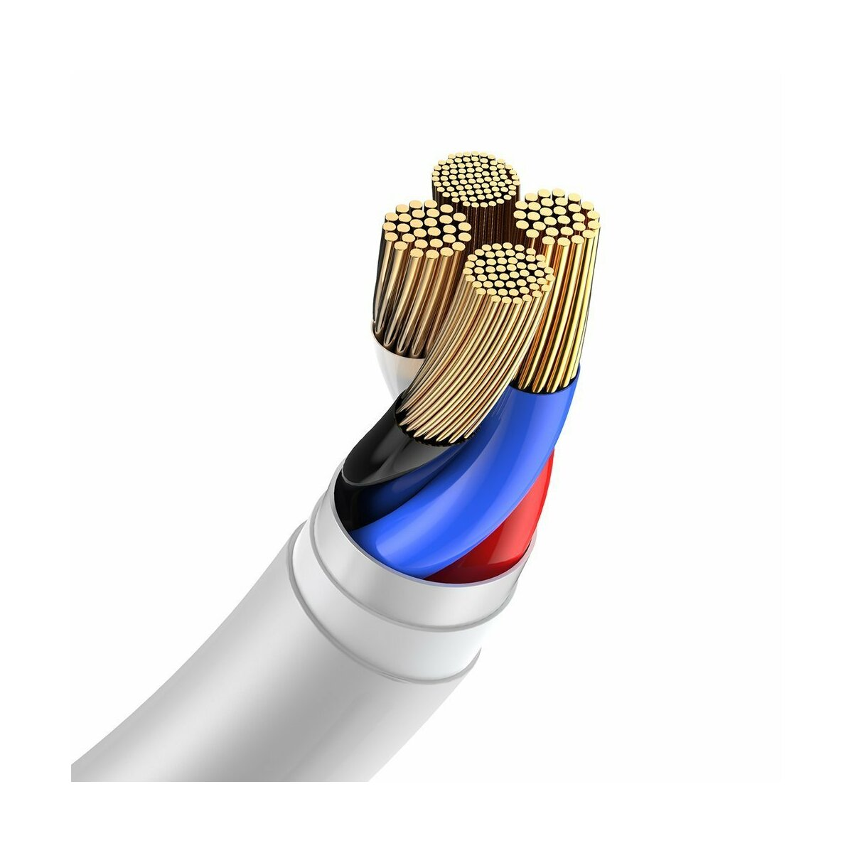 Zbliżenie przewodów elektrycznych z przewodami w kolorze czerwonym, niebieskim, czarnym i złotym.