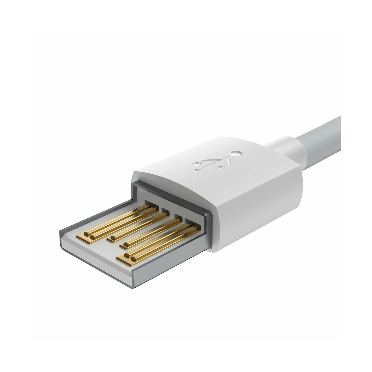 Zbliżenie złącza USB. Złącze jest białe, widać złote piny w środku. Na białym tle.