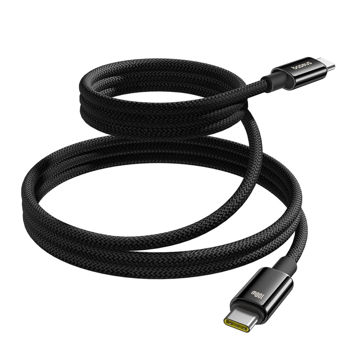 Czarny kabel USB-C zwinięty. Widoczny tekst: baseus. Białe tło.