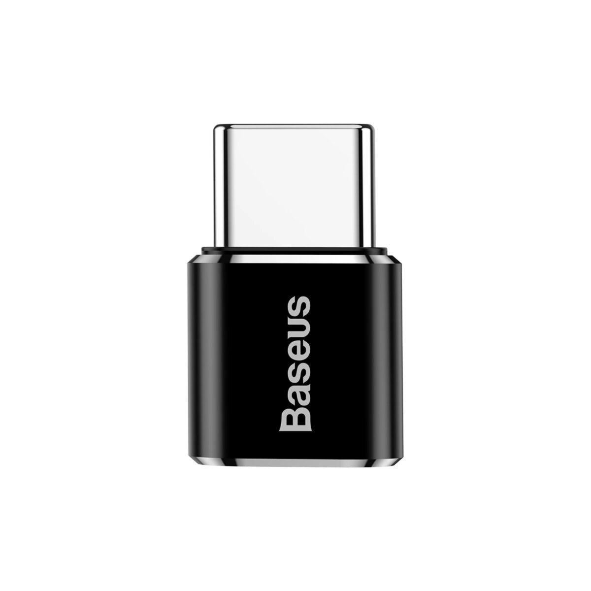 Czarny adapter USB-C z napisem "Baseus" z boku, na białym tle.