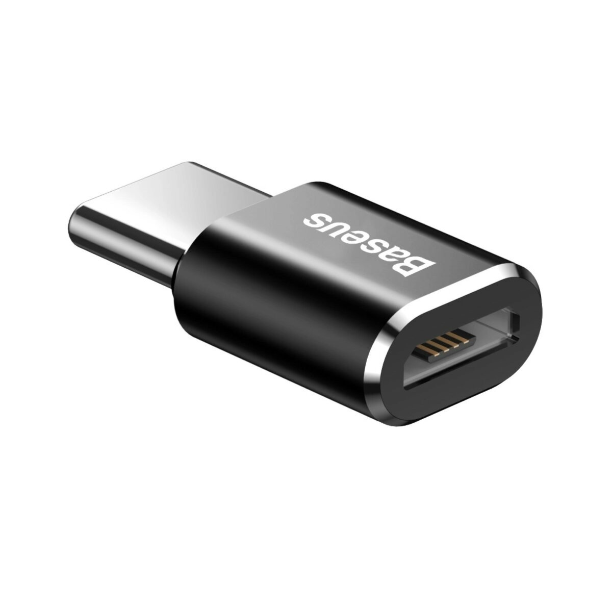 Czarny adapter USB-C do USB-A z logo Baseus na powierzchni. Jest pod kątem.