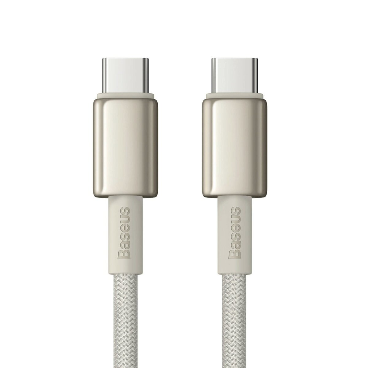 Dwa srebrne kable USB-C, biała podstawa z marką 'Baseus'.