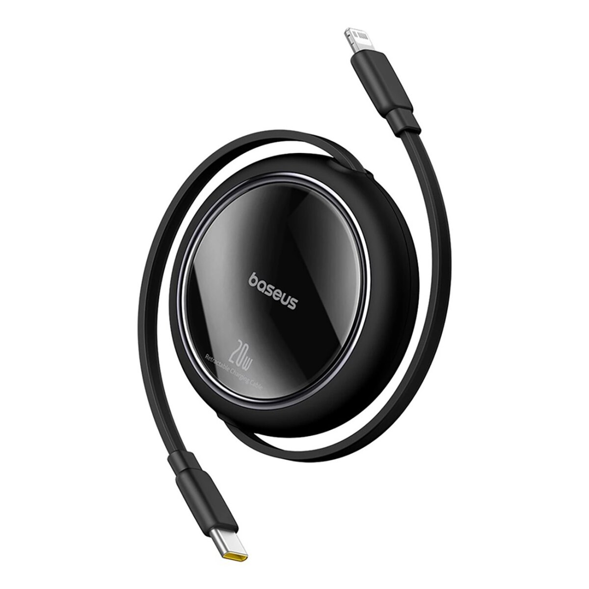 Czarna ładowarka z chowanym czarnym kablem i złączem Lightning.