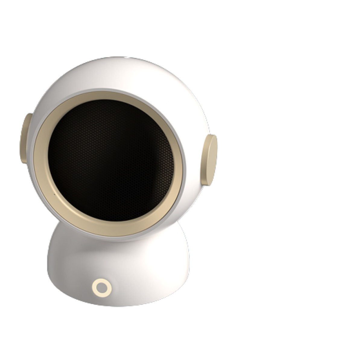 Biało-beżowy grzejnik, okrągły kształt, z czarnym siatkowym frontem.