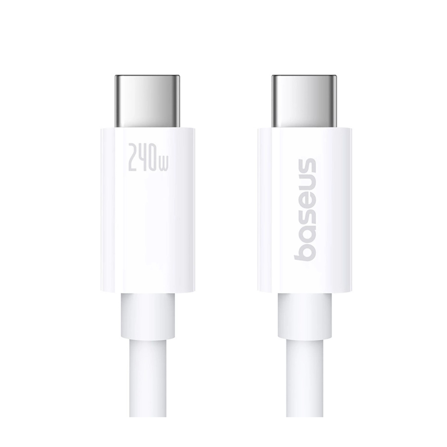 Cable USB-C blanco con texto 240W, logo Baseus.