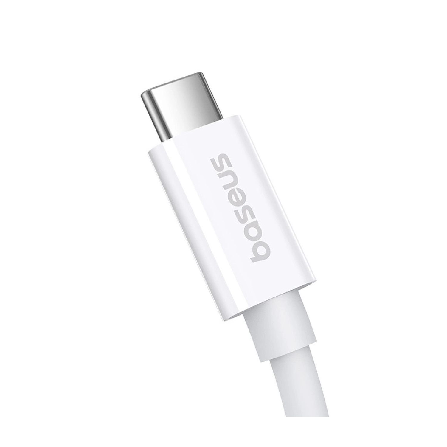 Un cable USB-C blanco con la palabra 'baseus' impresa.