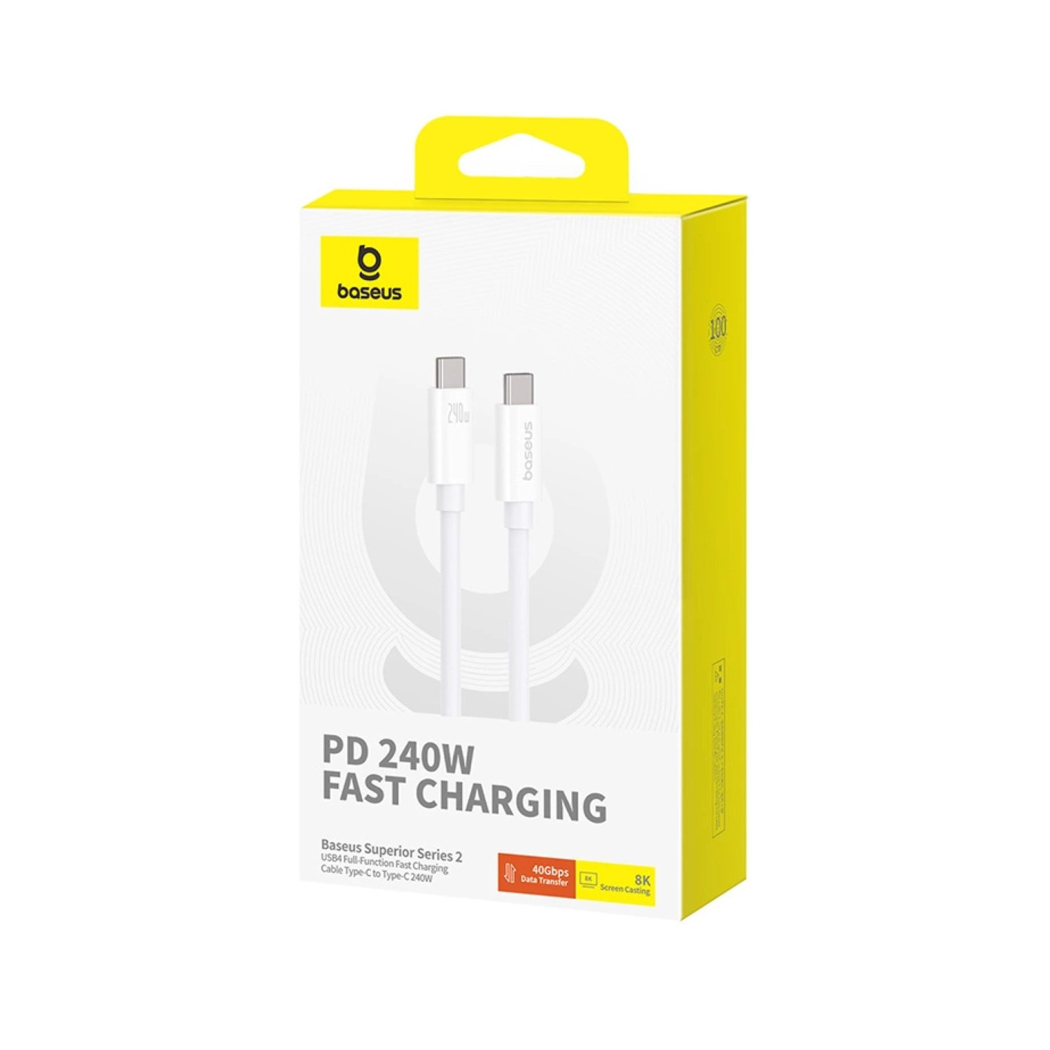 Caja amarilla y blanca con cables de carga blancos. Dice 'PD 240W FAST CHARGING'.