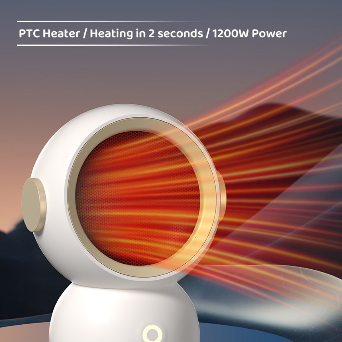 Biało-złoty przenośny grzejnik z czerwonym blaskiem od wewnątrz, z promienistymi liniami fal ciepła.