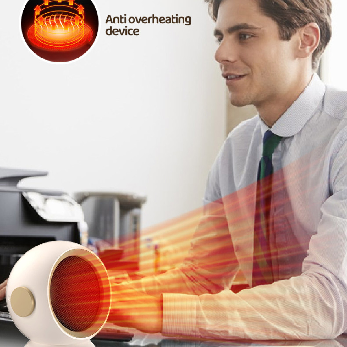 Mężczyzna przy biurku używa białego grzejnika, emitującego czerwone fale ciepła.