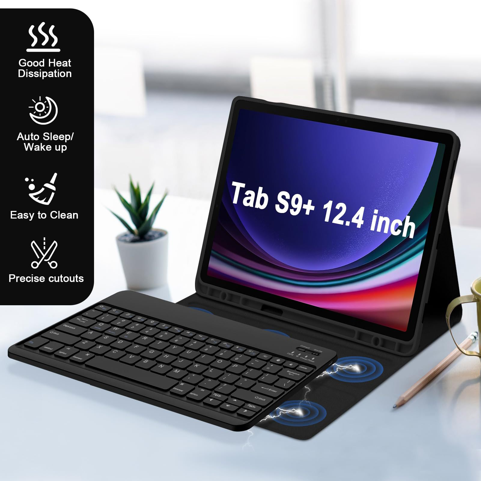 Schwarzes Tablet mit Tastaturhülle, das Tablet zeigt einen Bildschirm, einen Bleistift und eine Tasse auf einem Schreibtisch.