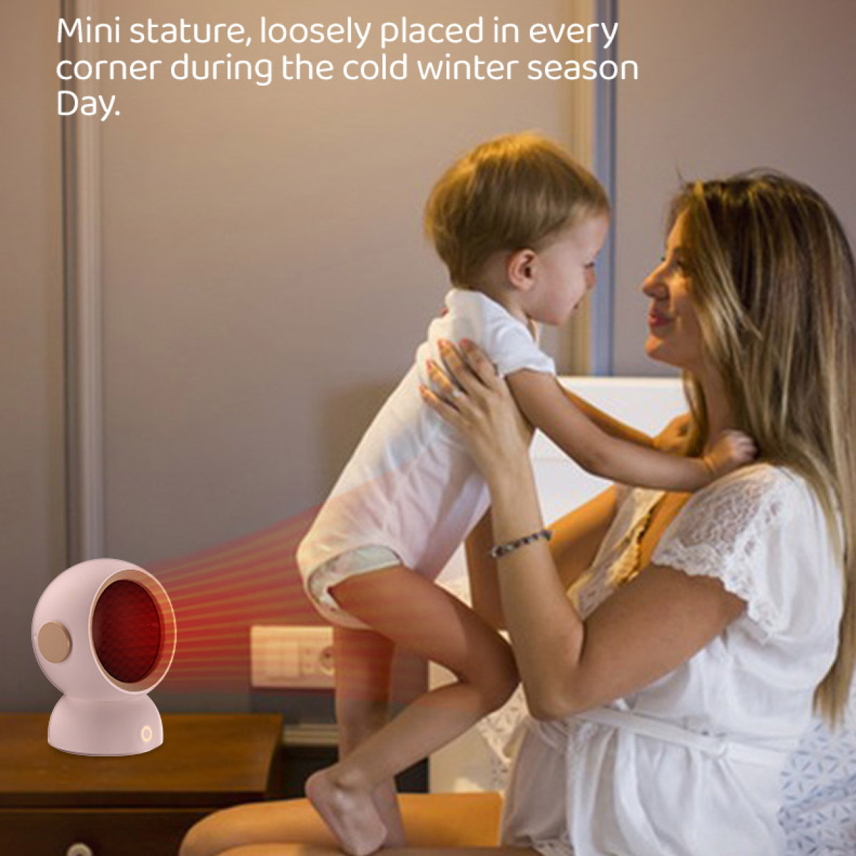 Kobieta trzyma dziecko w pobliżu różowego grzejnika na drewnianym stole. Grzejnik emituje ciepło.