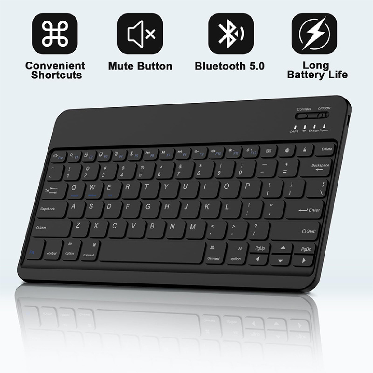 Schwarze kabellose Tastatur mit Tasten und Funktionssymbolen, auf weißer Oberfläche.
