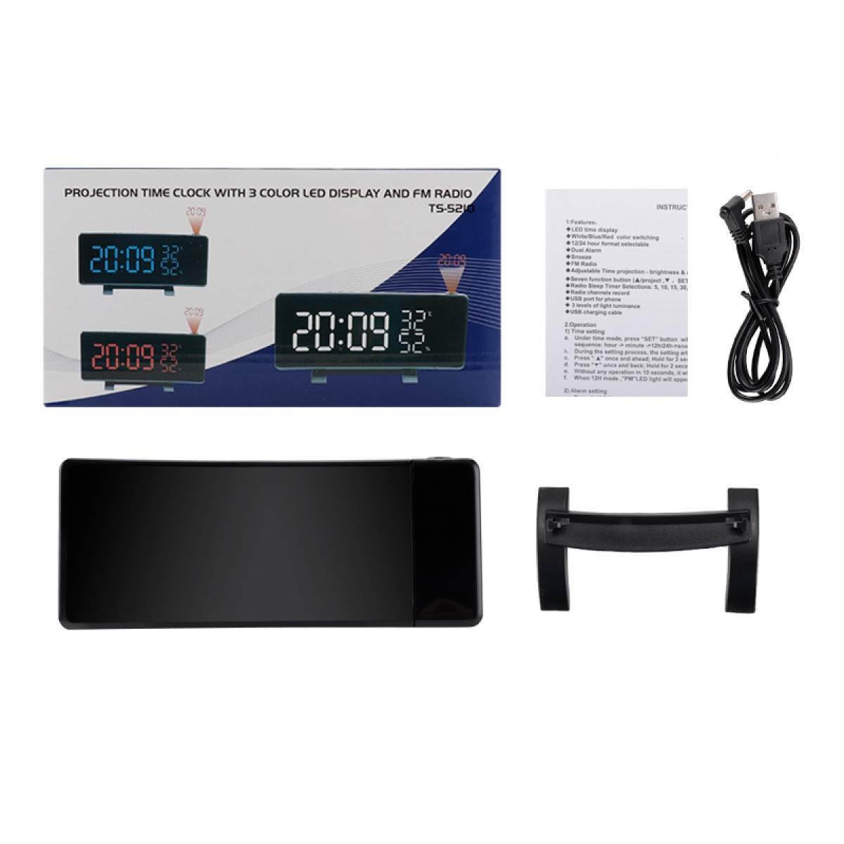 Czarny zegar projekcyjny z 3-kolorowym wyświetlaczem LED i radiem FM, z instrukcjami i kablem.