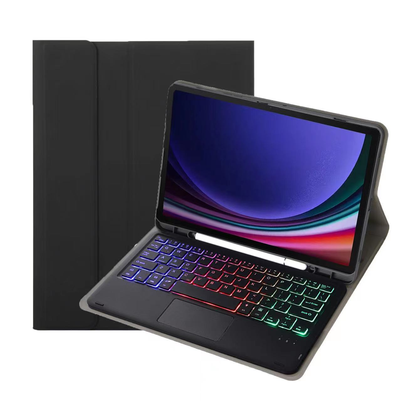 Ein schwarzes Tablet mit beleuchteter Tastatur und separater Hülle, mit Stift an der Seite.