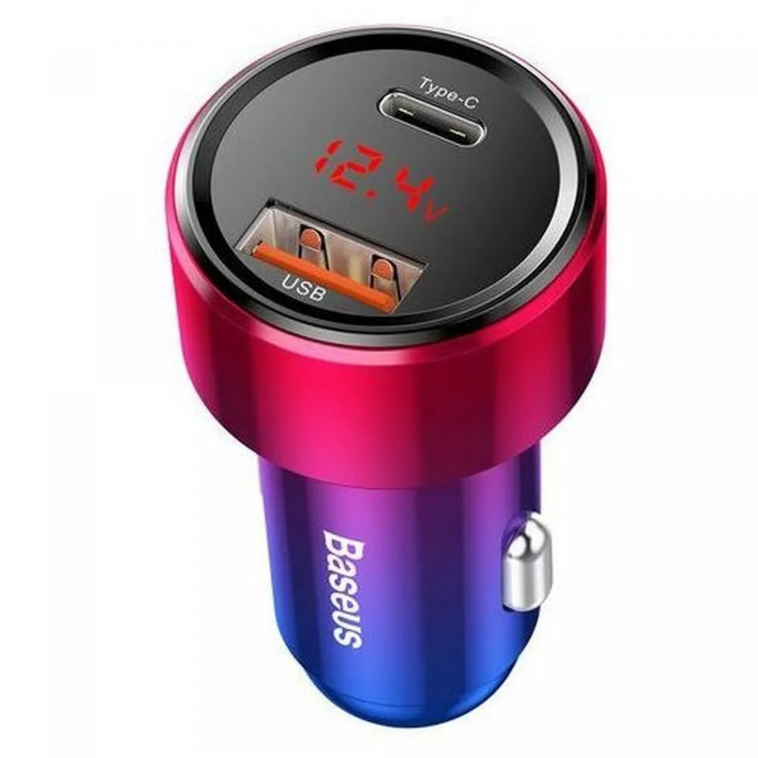 Autolader met rode en blauwe behuizing, twee USB poorten en een digitaal display met 12.4V.