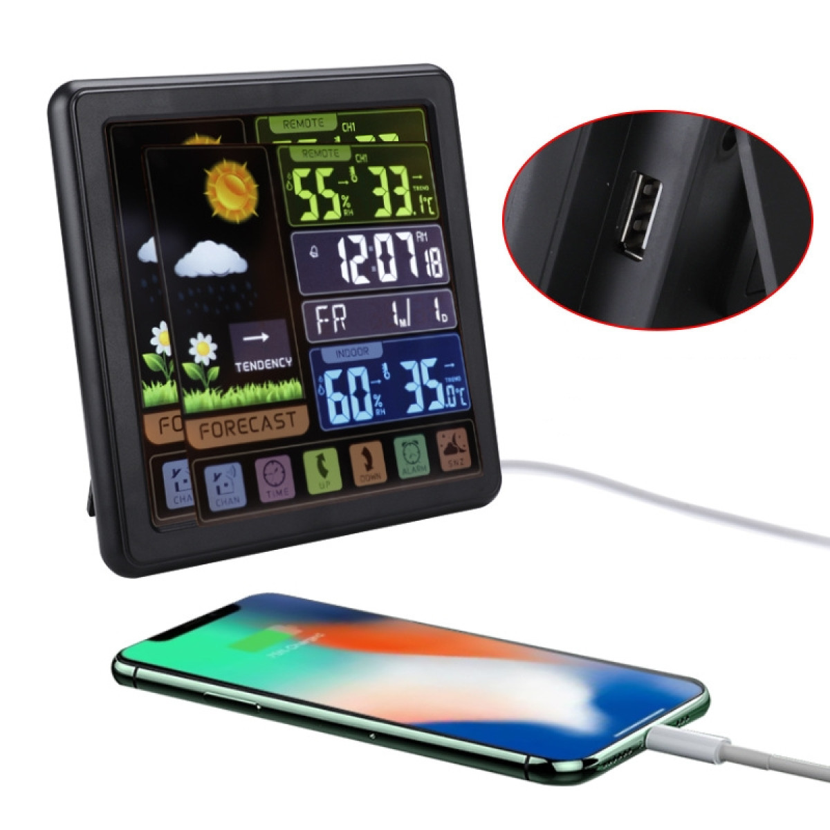 Stacja pogodowa pokazująca czas, temperaturę i prognozę pogody, z ładującym się telefonem.