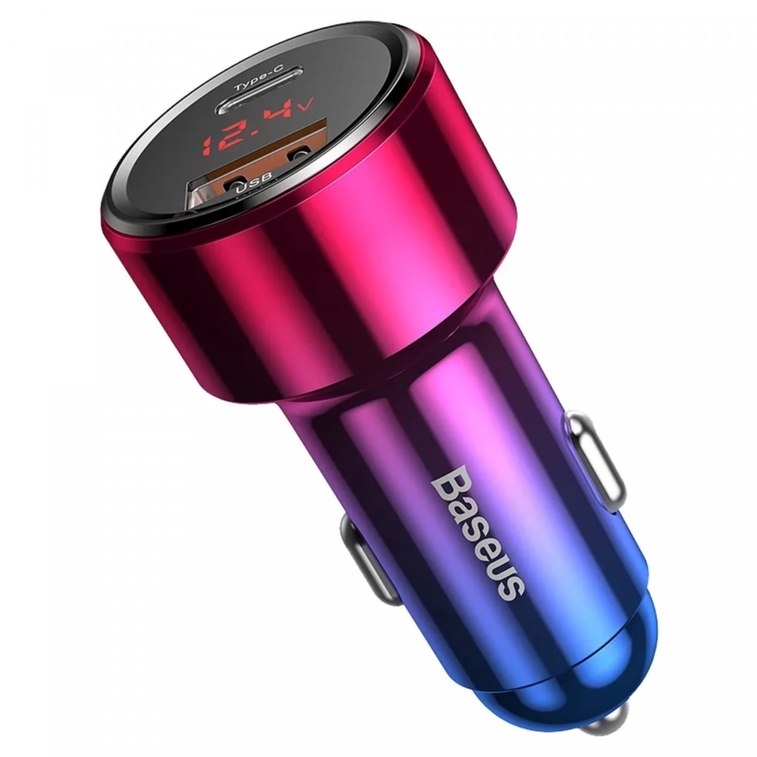 Een autolader met een kleurenschema van blauw naar roze en een digitaal display.