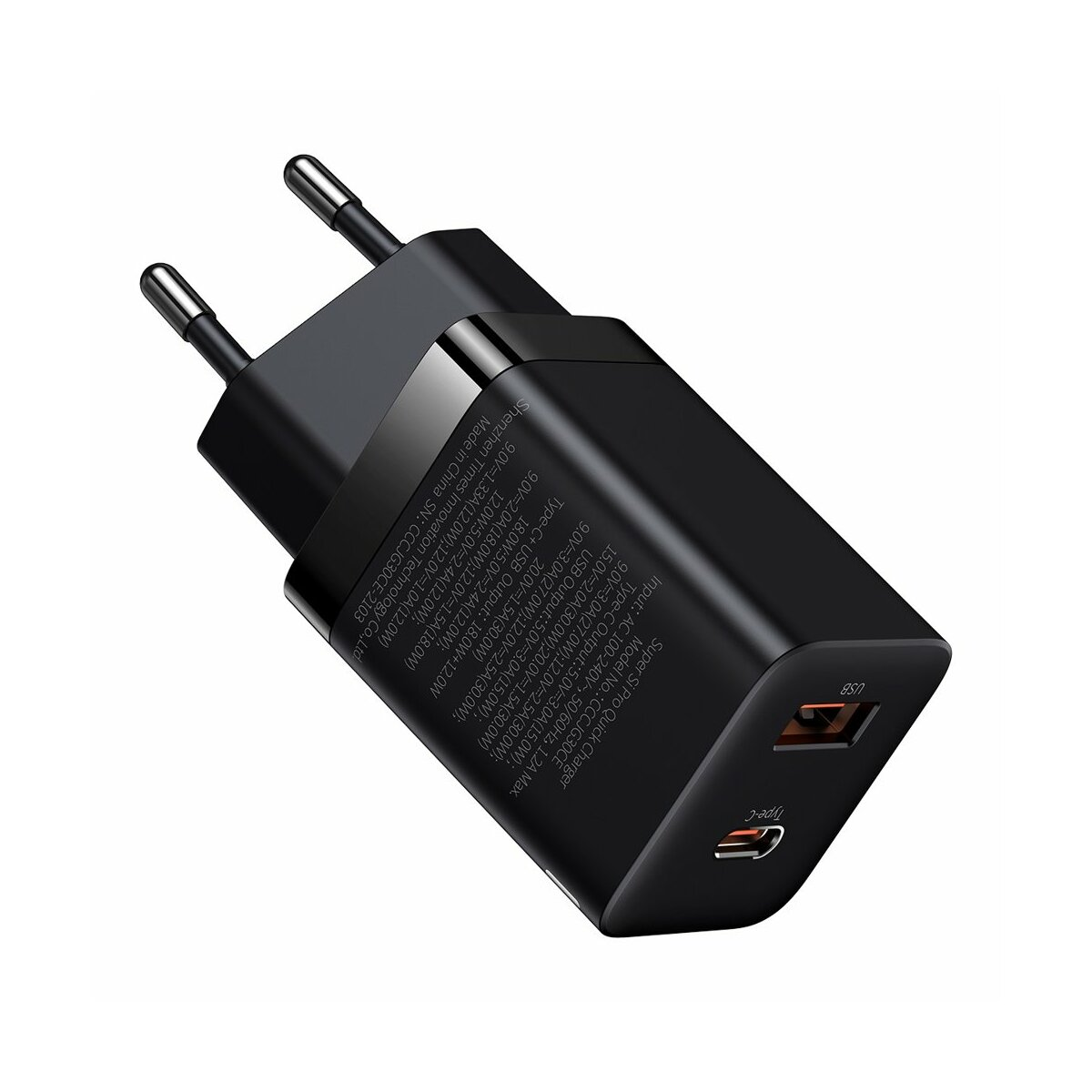 Un caricatore Baseus nero con due porte USB.