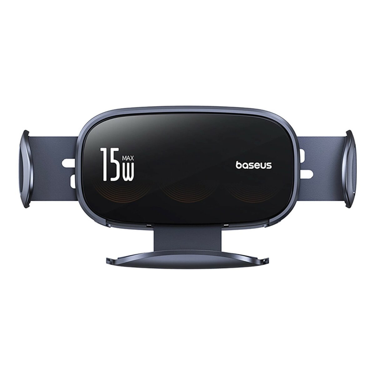 Ciemnoszary uchwyt do telefonu do samochodu, z cyfrowym wyświetlaczem pokazującym 15W. Napis Baseus.