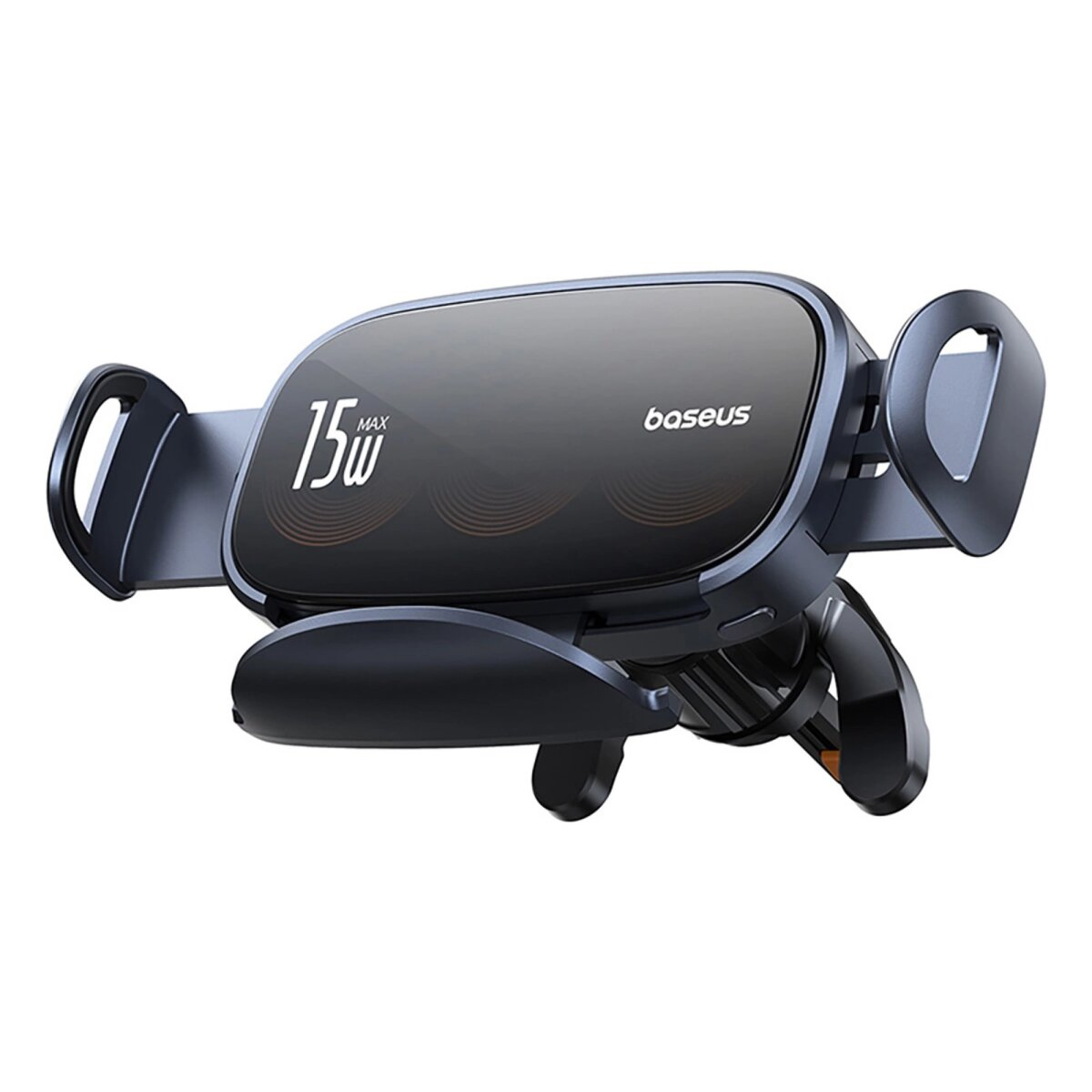 Czarny uchwyt samochodowy na telefon. Ma wyświetlacz 15W i ramiona do trzymania telefonu.