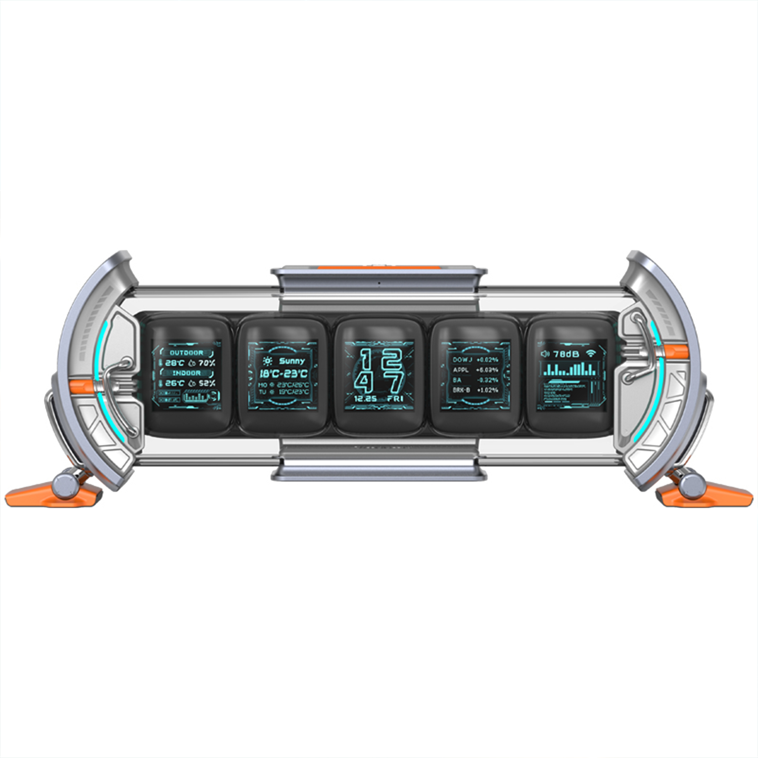 Orologio digitale con 5 display che mostrano informazioni meteo e orarie. L'orologio ha un supporto arancione.