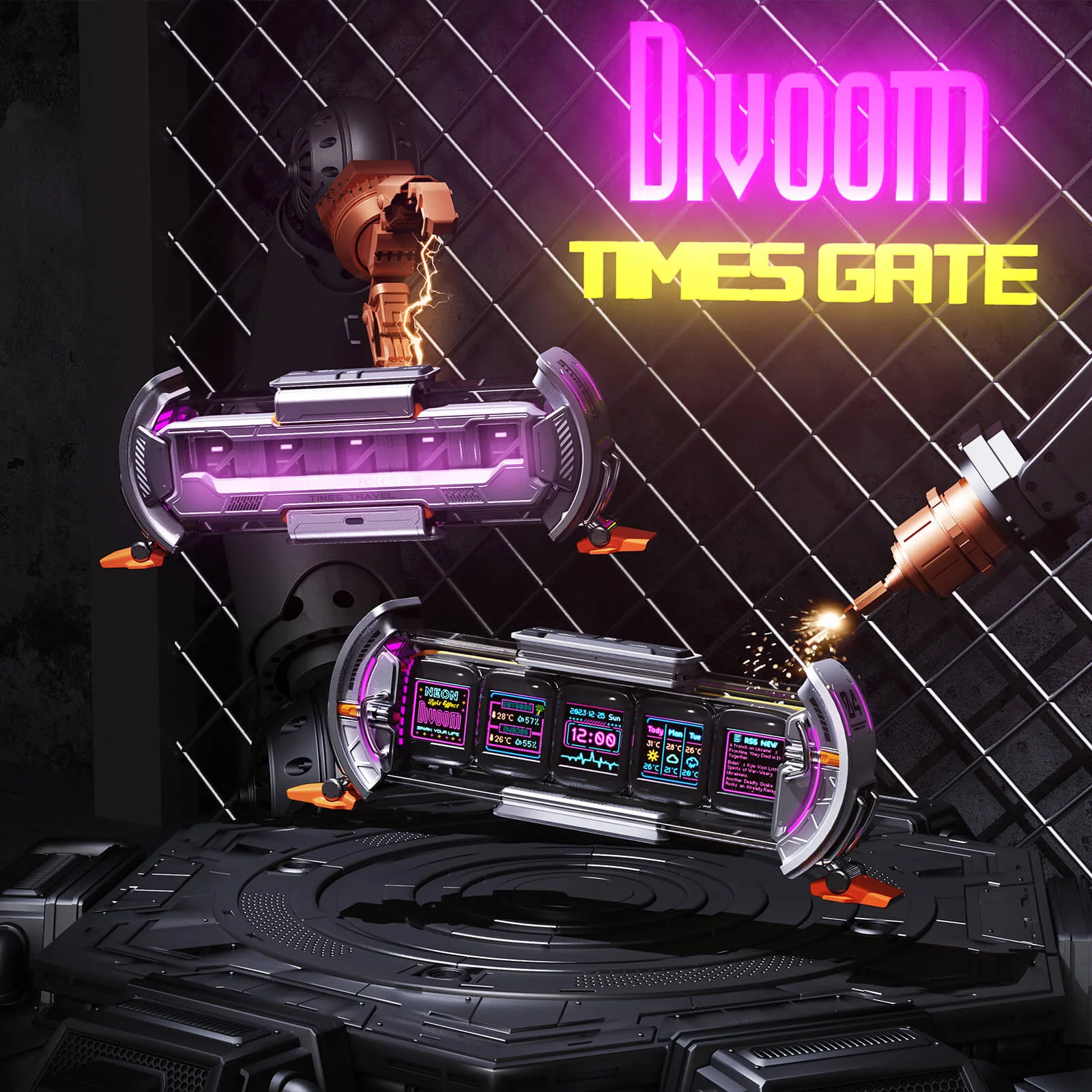 Due dispositivi Divoom Times Gate. Sono neri e viola, con schermi che mostrano informazioni e luci.