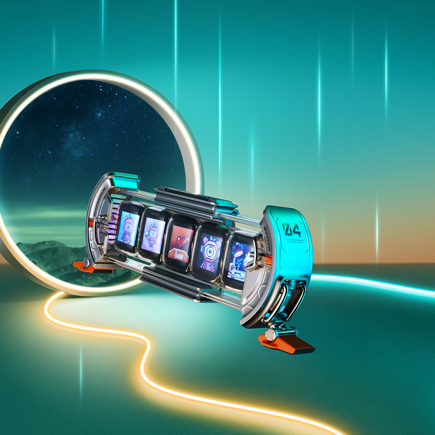 Dispositivo futuristico con schermi in un ambiente fantascientifico con luci al neon.