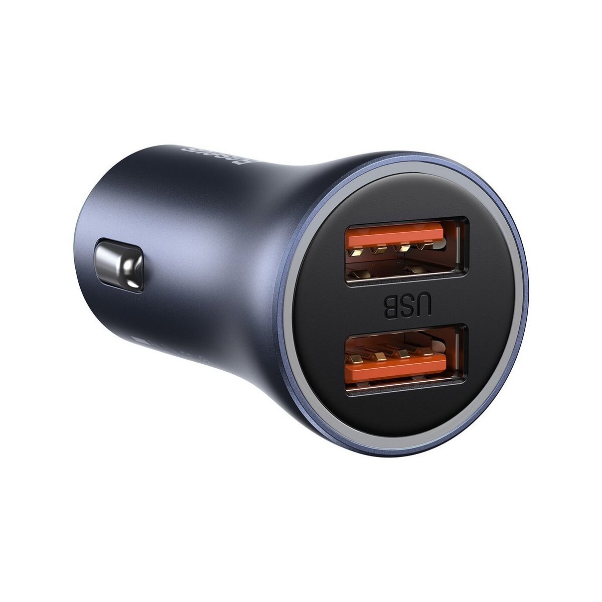 Ciemnoniebieska ładowarka samochodowa z dwoma portami USB.