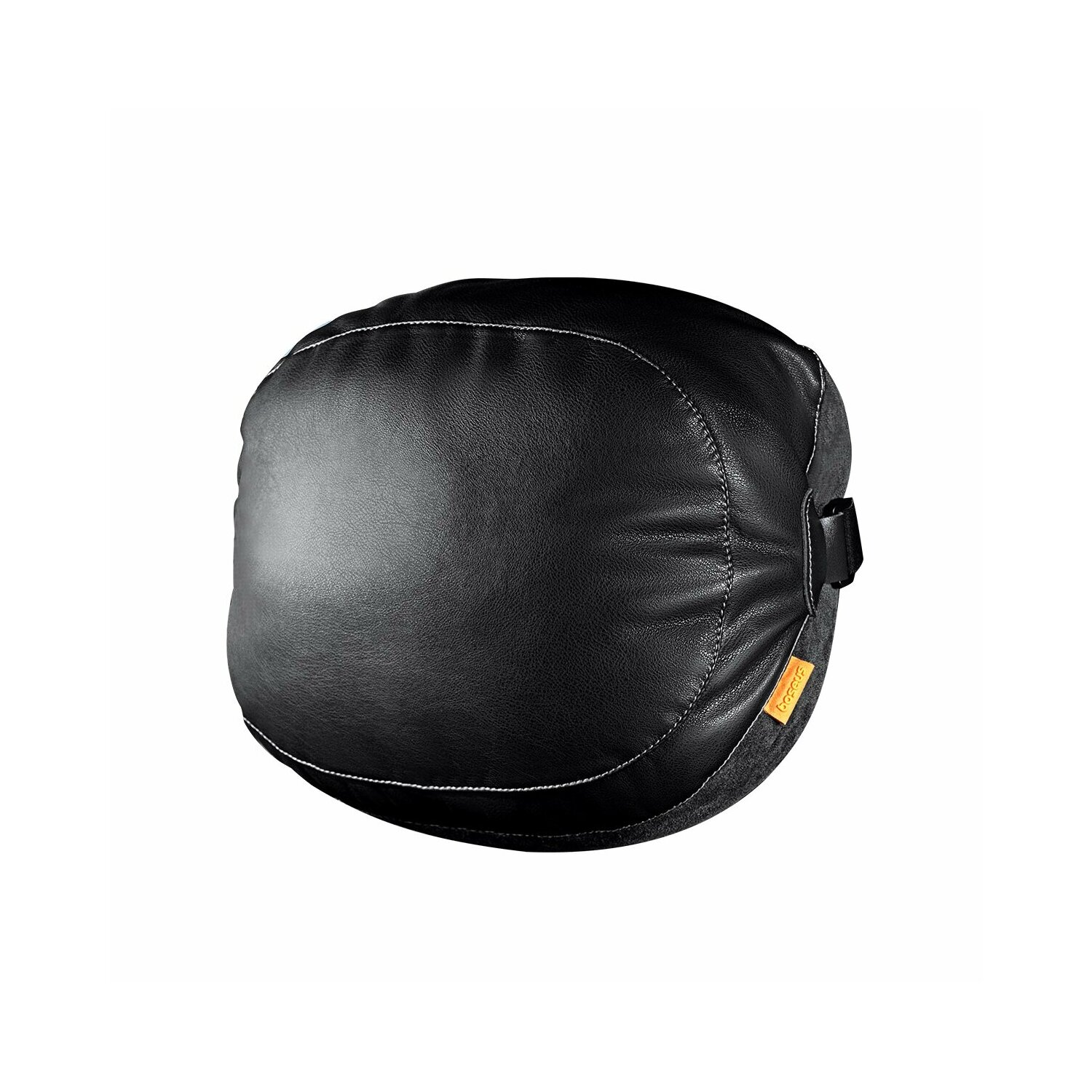 Czarna skórzana poduszka z białymi szwami.