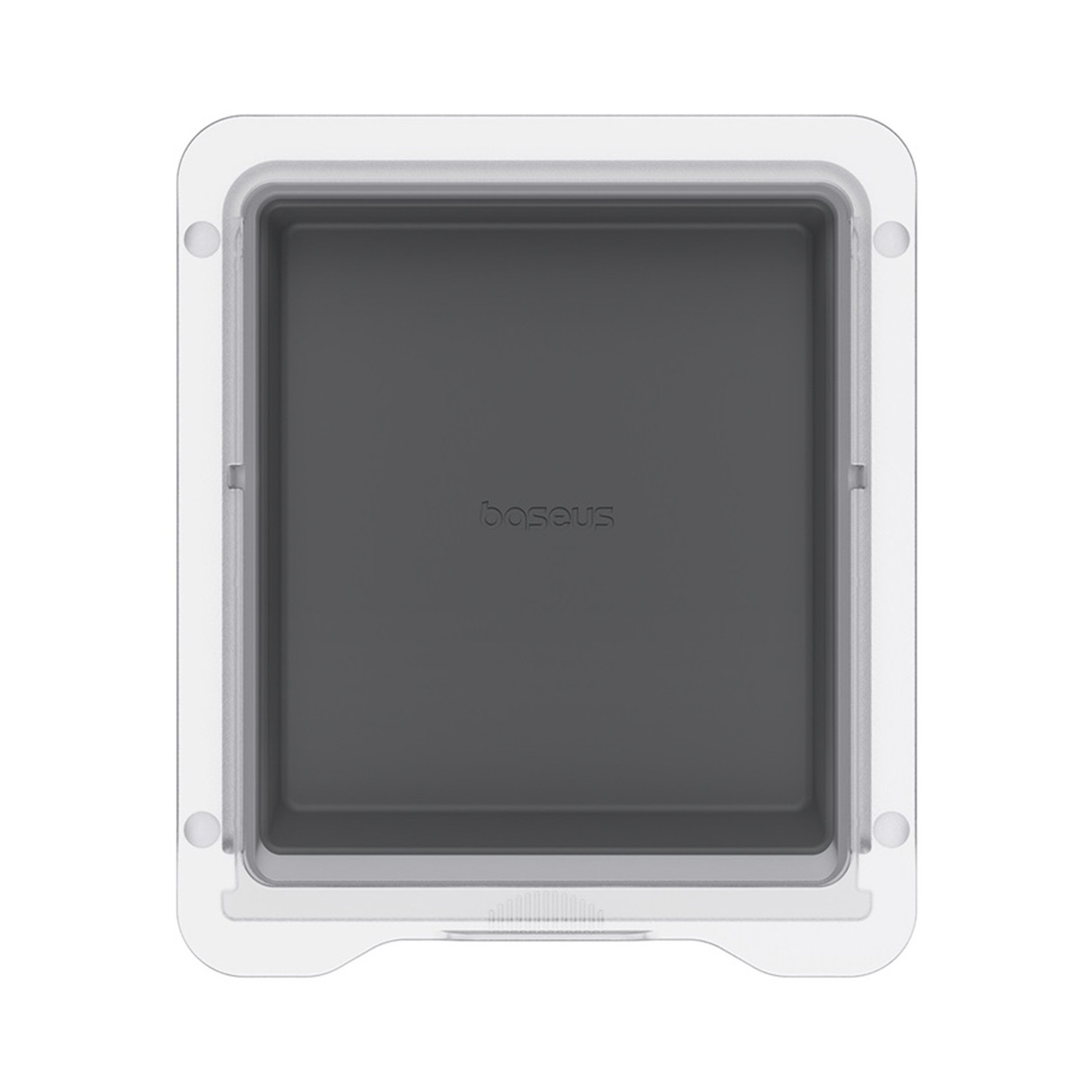 Biały kwadratowy pojemnik z ciemnoszarym wnętrzem. Słowo "baseus" jest wydrukowane wewnątrz pojemnika.