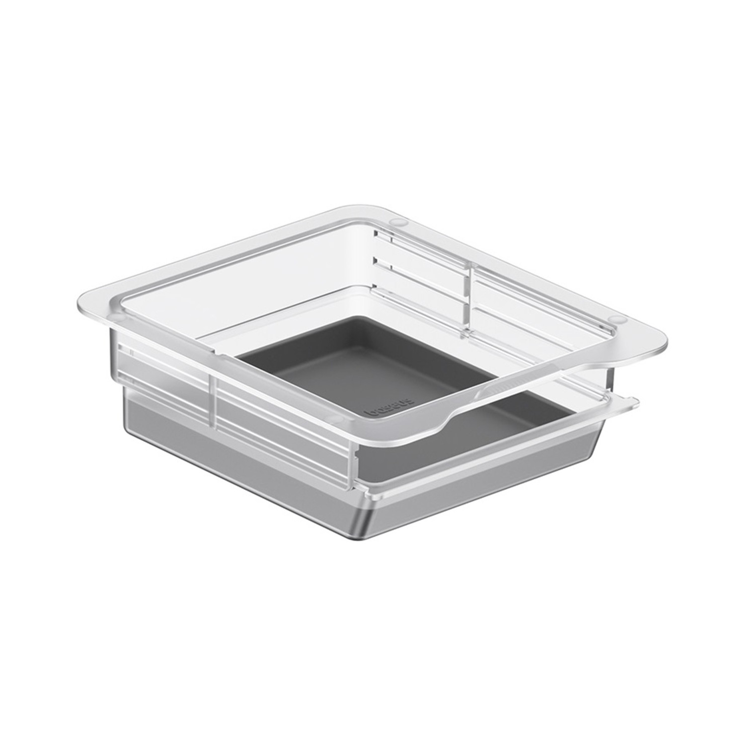 Przezroczysta plastikowa taca z szarą wkładką.