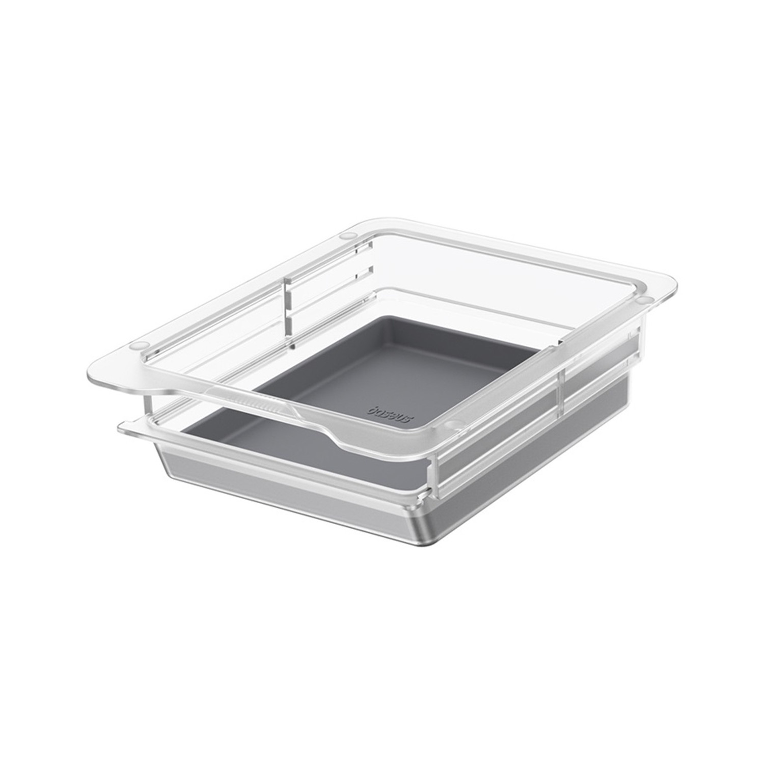 Przezroczysty pojemnik z szarą tacą, logo baseus.