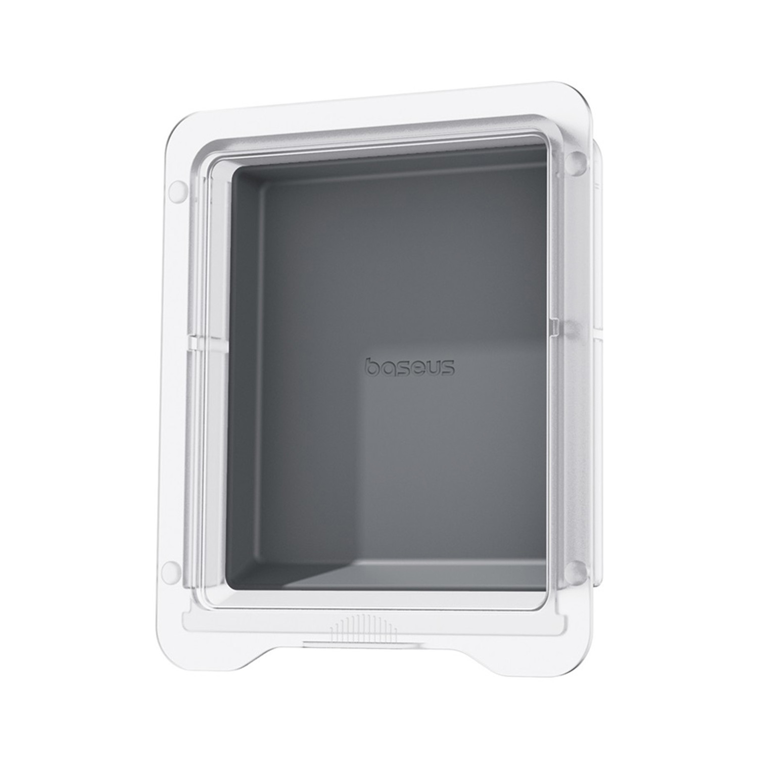 Przezroczyste pudełko Baseus. Ma szare wnętrze. Białe tło.