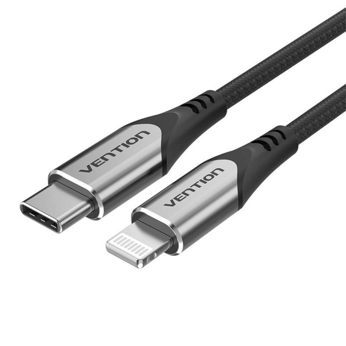 Schwarzes und silbernes USB-Typ-C-auf-Lightning-Kabel.