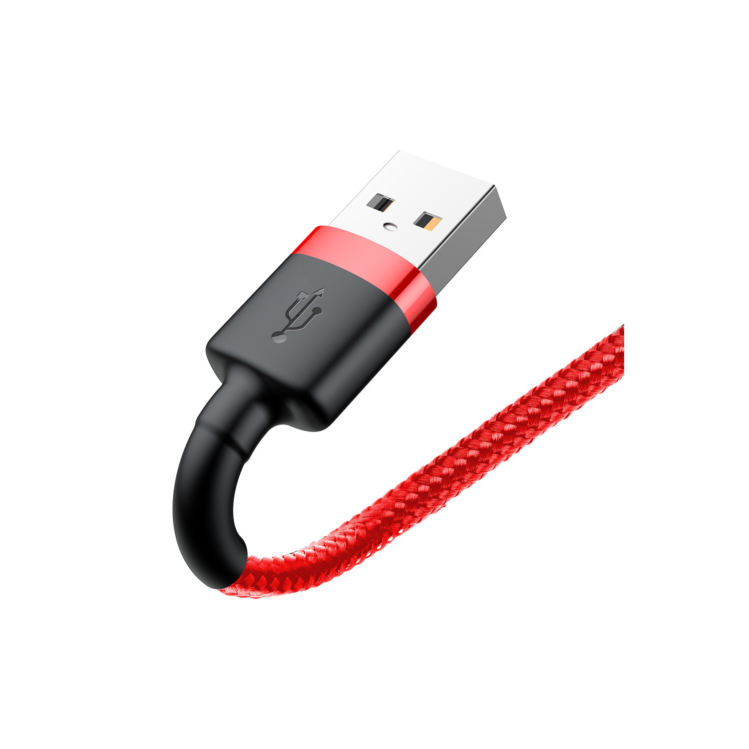 Czerwony i czarny kabel USB. Końcówka USB jest biała z czarnym i czerwonym akcentem. Białe tło.