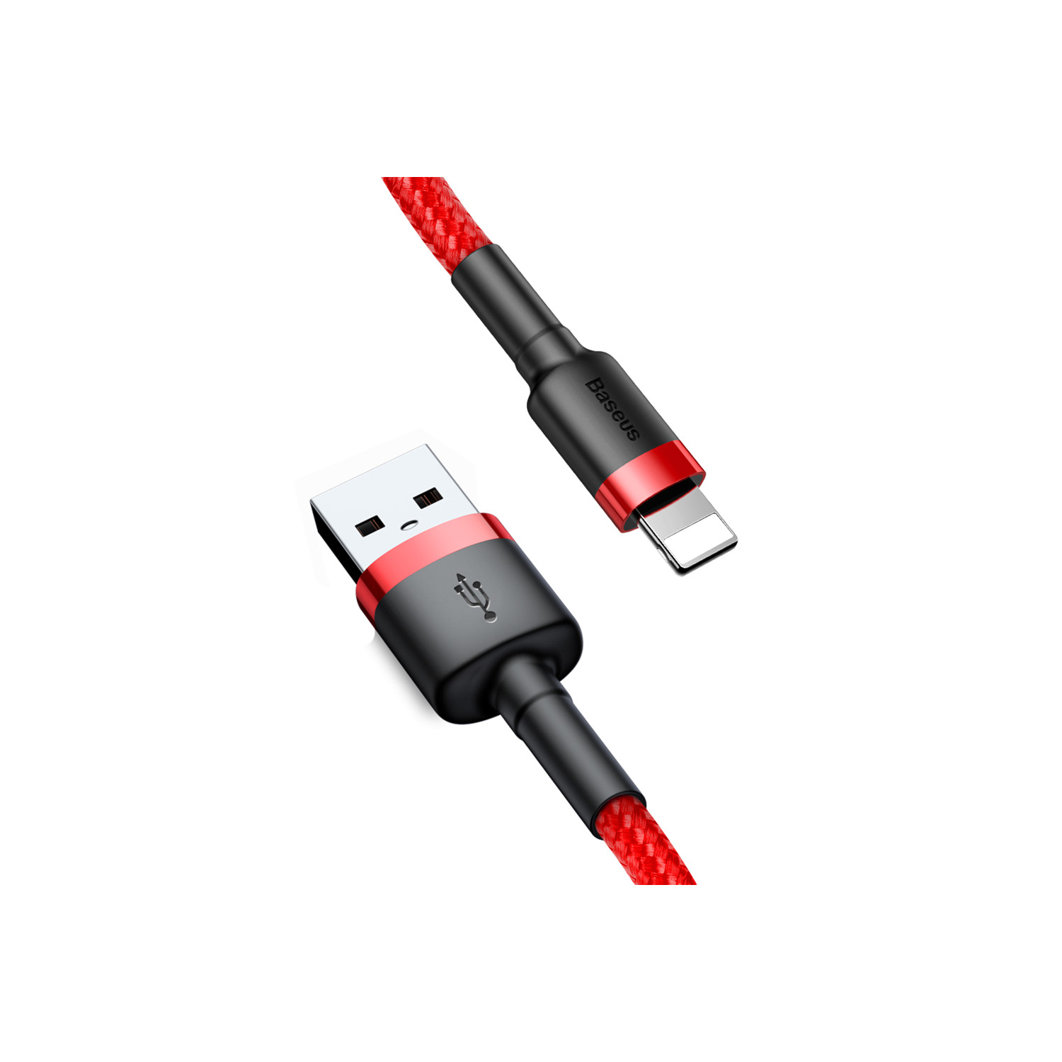 Czerwono-czarny kabel USB do Lightning. Jeden koniec z USB, drugi ze złączem Lightning.