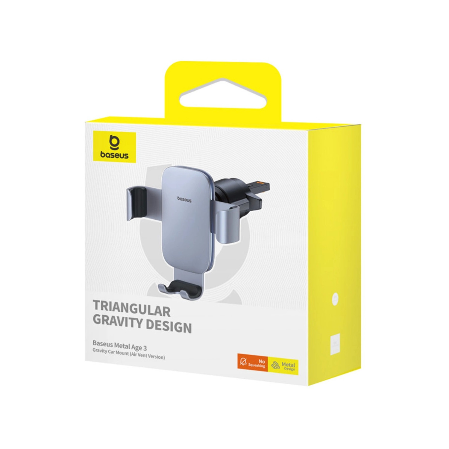 Een Baseus telefoonhouder voor in de auto in een geel en witte doos. Tekst: Triangular Gravity Design.
