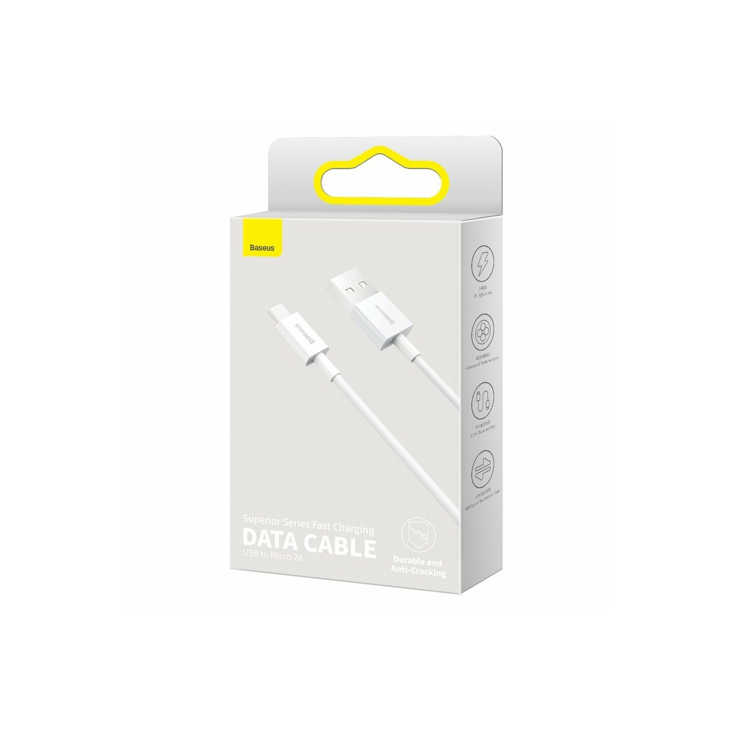 Weißes USB-zu-Micro-2A-Datenkabel in einer Schachtel. Weißer Hintergrund.