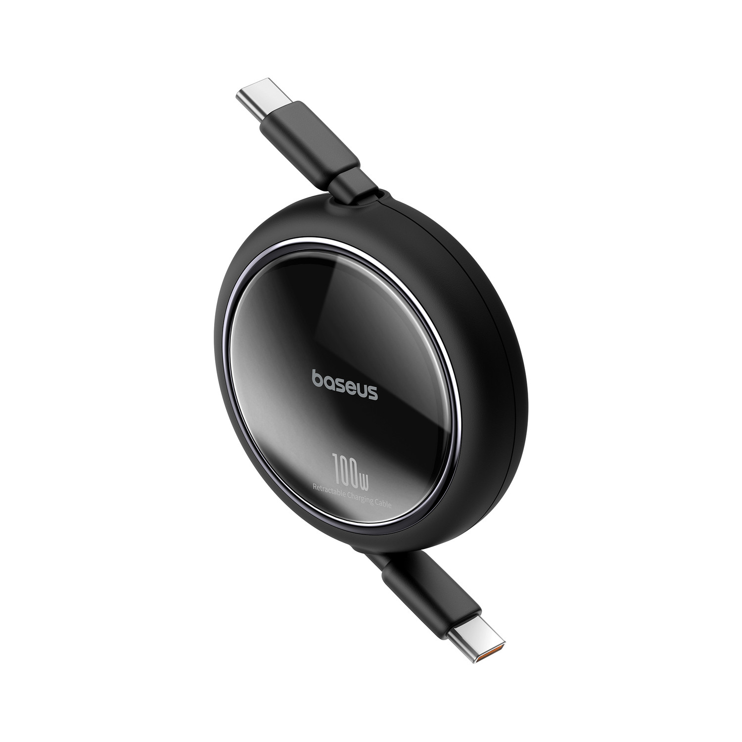 Czarny, chowany kabel do ładowania. Kabel jest okrągły i ma dwa złącza USB-C.