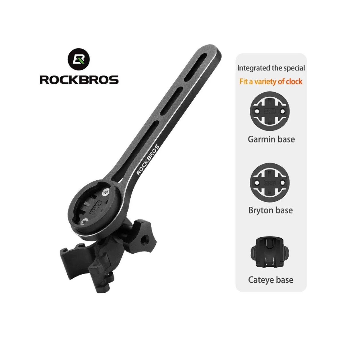 Een zwarte Rockbros fietshouder voor een fietscomputer. Heeft drie basisopties.