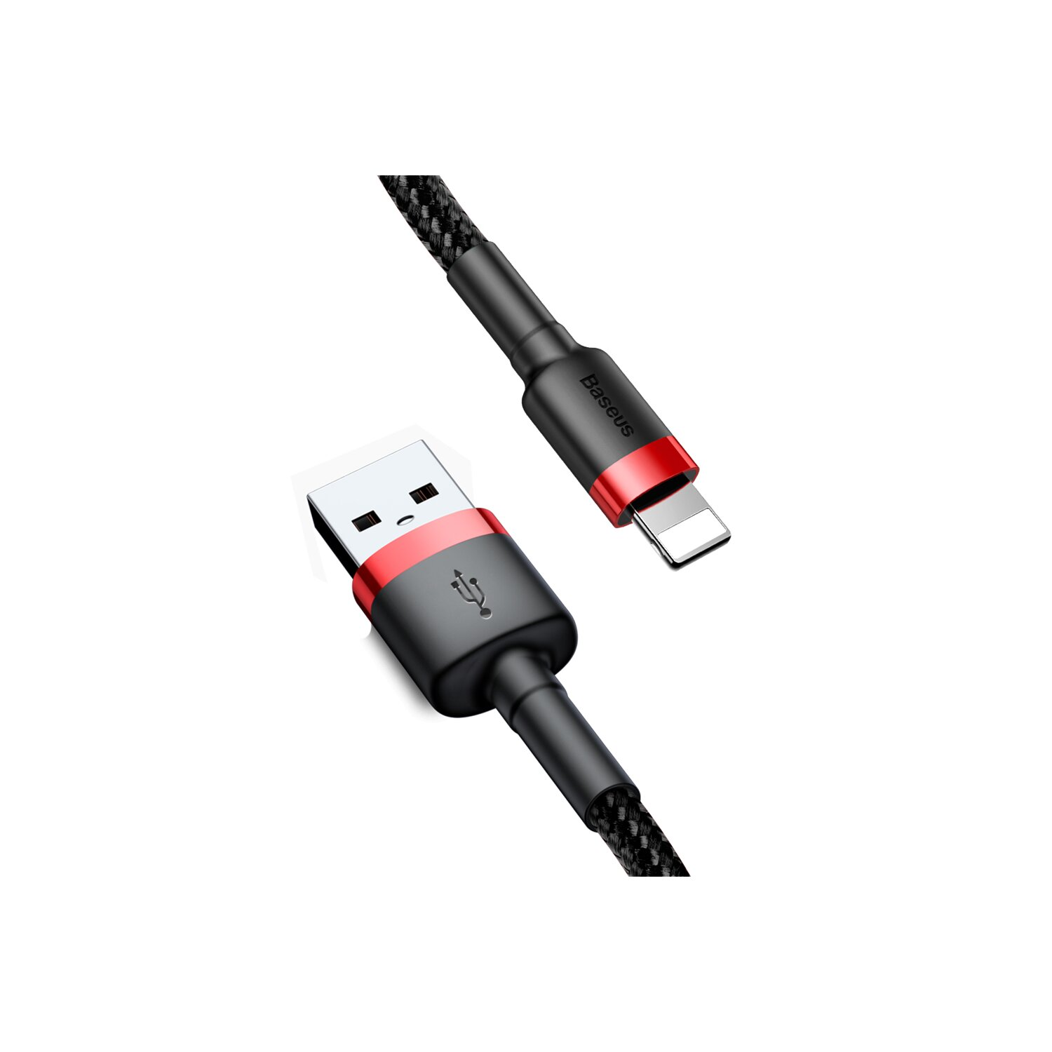 Czarny i czerwony kabel USB do Lightning. Widoczne logo Baseus.