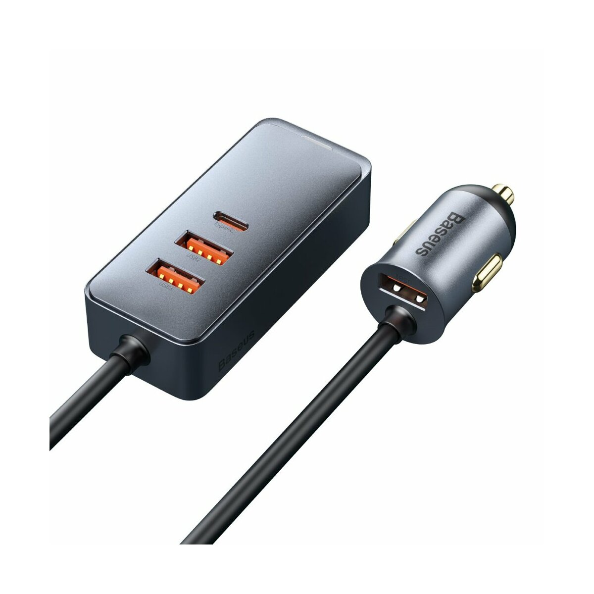 Baseus-Autoladegerät mit drei USB-C-Anschlüssen und einem USB-Anschluss, dunkelgrau.