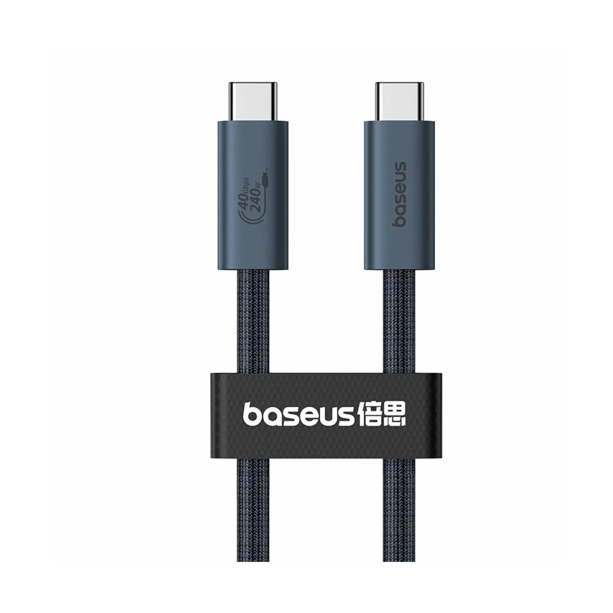 Zwei USB-C-Kabel, verbunden durch eine schwarze Basis, mit der Aufschrift 'baseus' und 40 Gbit/s/240 W.