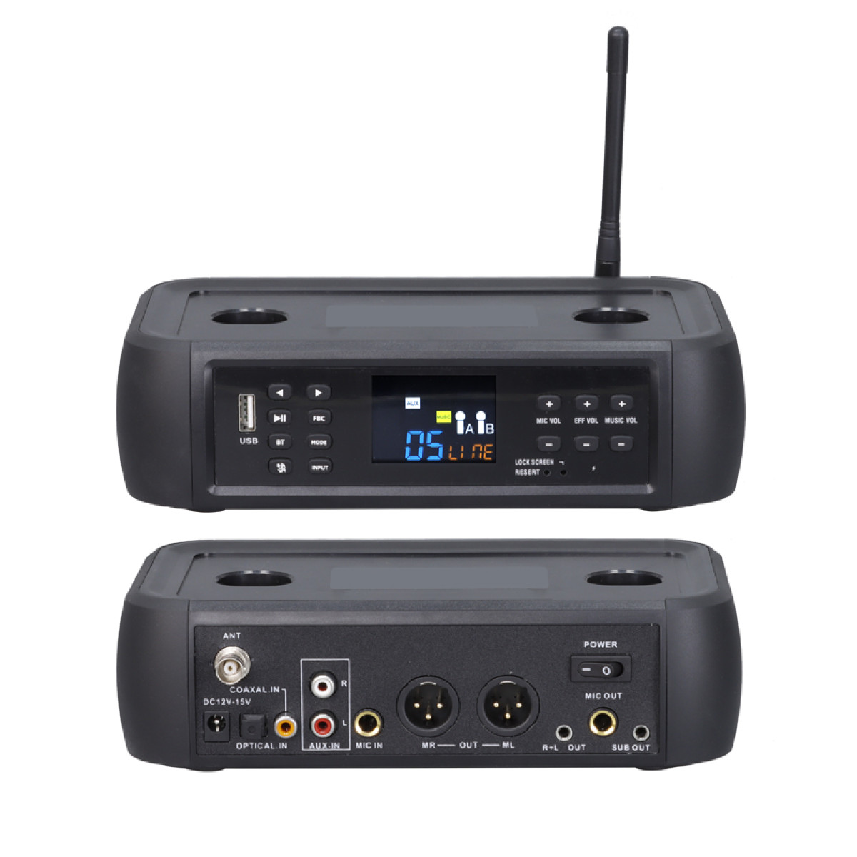 Zwart audioapparaat met meerdere poorten en knoppen. Heeft een ingebouwde antenne. Witte achtergrond.