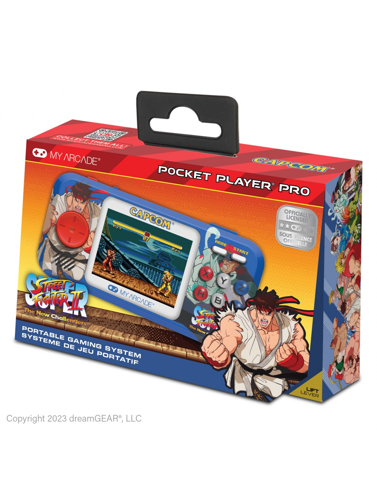 Doos van Pocket Player Pro, een handheld gamesysteem. Street Fighter artwork.