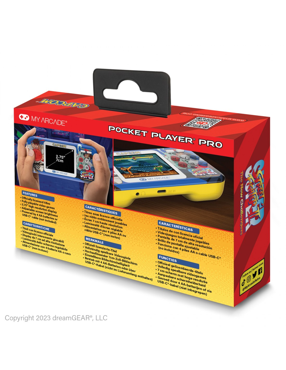 Verpakking voor een draagbare gameconsole. Het toont de console en functies.