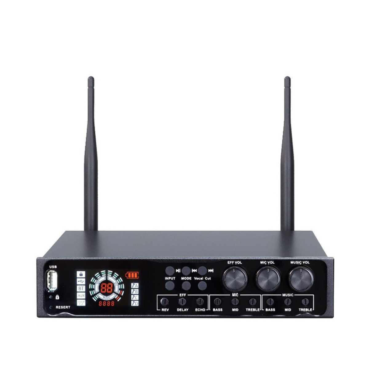A black audio device with two antennas, multiple buttons, and a digital display. Knobs are labeled for functions.