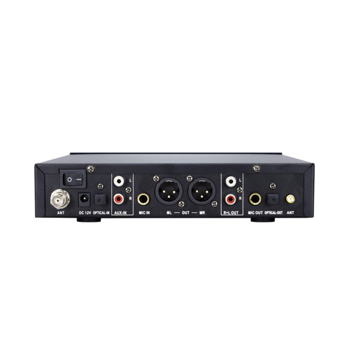 A black audio device with multiple ports, including optical in/out and mic in/out.