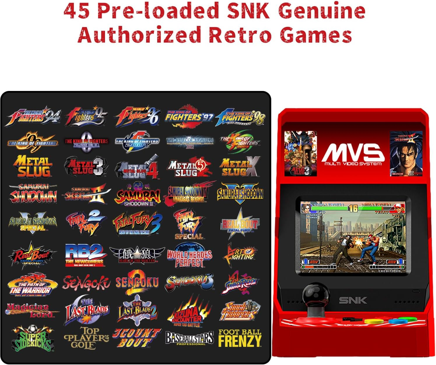 Una máquina recreativa roja con una pantalla que muestra el juego. Los juegos están listados en un panel.
